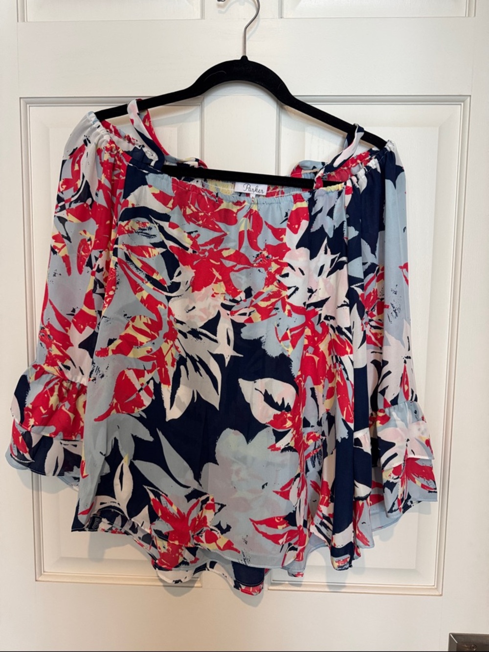 Parker Navy, Red & Light Blue Floral Off-Shoulder Blouse